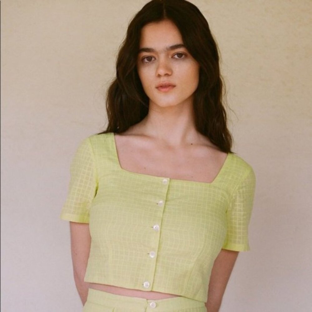Paloma Wool- "Lenna" Square-Neck Button Front Crop Top in Lime